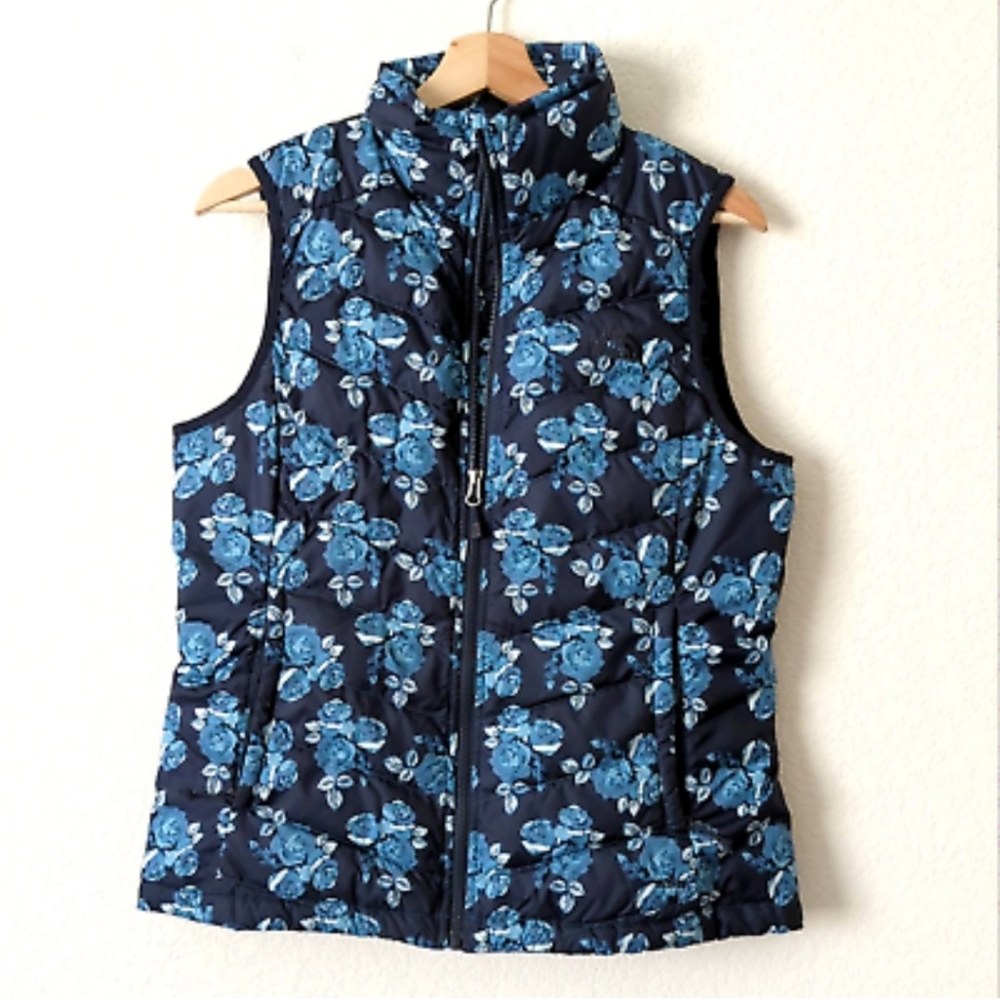 The North Face Womens Puffer Vest Down Jacket 550 Fill Blue Floral Print Medium